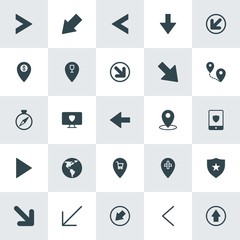 Modern Simple Set of location, arrows, security Vector fill Icons. ..Contains such Icons as  vector,  travel,  left,  circle, right, arrow and more on white background. Fully Editable. Pixel Perfect.