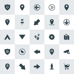 Modern Simple Set of location, arrows, security Vector fill Icons. ..Contains such Icons as  transportation,  map, sea,  sign,  circle,  up and more on white background. Fully Editable. Pixel Perfect.