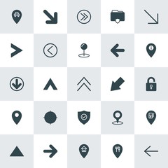 Modern Simple Set of location, arrows, security Vector fill Icons. ..Contains such Icons as right, information, arrow,  pin,  arrow,  house and more on white background. Fully Editable. Pixel Perfect.