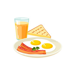 Breakfast, delicious start to the day. Plate with fried eggs and slices of bacon, glass of fresh orange juice and toast. Vector illustration cartoon flat icon isolated on white.