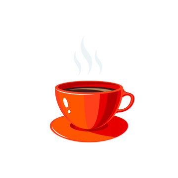 Breakfast, delicious start to the day. Red cup with hot coffee. Vector illustration cartoon flat icon isolated on white.