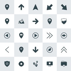 Modern Simple Set of location, arrows, security Vector fill Icons. ..Contains such Icons as  up,  button, folder,  travel, left,  arrow, up and more on white background. Fully Editable. Pixel Perfect.