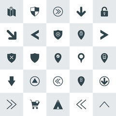 Modern Simple Set of location, arrows, security Vector fill Icons. ..Contains such Icons as  up,  illustration, security, summer,  travel and more on white background. Fully Editable. Pixel Perfect.