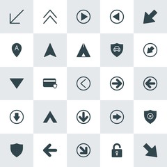 Modern Simple Set of location, arrows, security Vector fill Icons. ..Contains such Icons as direction,  arrow, left,  adventure,  card,  up and more on white background. Fully Editable. Pixel Perfect.