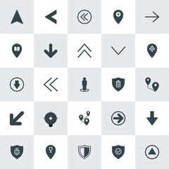 Modern Simple Set of location, arrows, security Vector fill Icons. ..Contains such Icons as  right, arrow, location,  map,  design,  up, up and more on white background. Fully Editable. Pixel Perfect.
