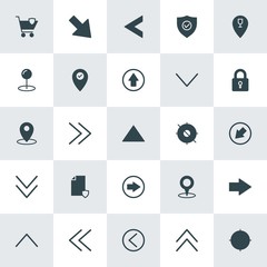 Modern Simple Set of location, arrows, security Vector fill Icons. ..Contains such Icons as  left,  check, door,  people,  business, down and more on white background. Fully Editable. Pixel Perfect.