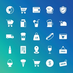 Modern Simple Set of food, drinks, shopping Vector fill Icons. ..Contains such Icons as  sticker, food,  airport,  cappuccino,  sweet and more on gradient background. Fully Editable. Pixel Perfect.