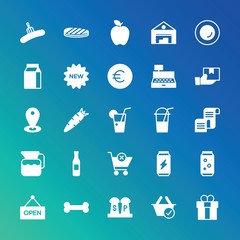 Modern Simple Set of food, drinks, shopping Vector fill Icons. ..Contains such Icons as  drink,  vector,  spice,  food,  can,  gift, can and more on gradient background. Fully Editable. Pixel Perfect.