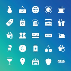 Modern Simple Set of food, drinks, shopping Vector fill Icons. ..Contains such Icons as  wineglass,  industry,  free,  bulgarian,  bread and more on gradient background. Fully Editable. Pixel Perfect.