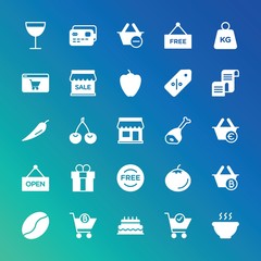 Modern Simple Set of food, drinks, shopping Vector fill Icons. ..Contains such Icons as  tomato,  drink,  hot,  market,  dish,  sweet and more on gradient background. Fully Editable. Pixel Perfect.
