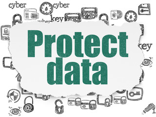 Safety concept: Painted green text Protect Data on Torn Paper background with  Hand Drawn Security Icons