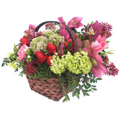Fototapeta na wymiar Basket of flowers and strawberry