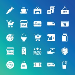 Modern Simple Set of food, drinks, shopping Vector fill Icons. ..Contains such Icons as shipping,  transportation,  cargo,  box,  drink and more on gradient background. Fully Editable. Pixel Perfect.