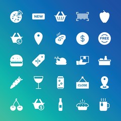 Modern Simple Set of food, drinks, shopping Vector fill Icons. ..Contains such Icons as map,  handle,  design, basket, cup,  business and more on gradient background. Fully Editable. Pixel Perfect.