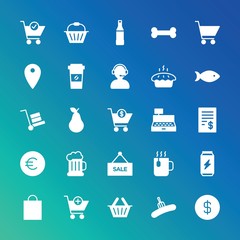 Modern Simple Set of food, drinks, shopping Vector fill Icons. ..Contains such Icons as basket,  business,  energy, can, cart,  paper and more on gradient background. Fully Editable. Pixel Perfect.