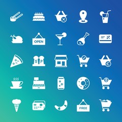 Modern Simple Set of food, drinks, shopping Vector fill Icons. ..Contains such Icons as food,  japanese, sweet,  sticker, close,  edit and more on gradient background. Fully Editable. Pixel Perfect.