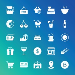 Modern Simple Set of food, drinks, shopping Vector fill Icons. ..Contains such Icons as  industry,  discount,  gift,  fish,  white,  buy and more on gradient background. Fully Editable. Pixel Perfect.