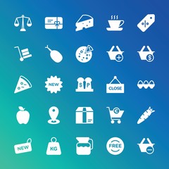 Modern Simple Set of food, drinks, shopping Vector fill Icons. ..Contains such Icons as  cup,  sign,  icon,  vegetable,  message, water and more on gradient background. Fully Editable. Pixel Perfect.
