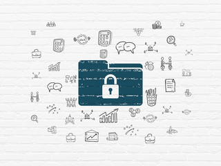 Finance concept: Painted blue Folder With Lock icon on White Brick wall background with  Hand Drawn Business Icons