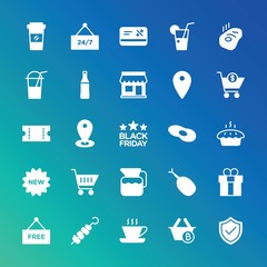 Modern Simple Set of food, drinks, shopping Vector fill Icons. ..Contains such Icons as map,  label,  location,  support,  baggage,  box and more on gradient background. Fully Editable. Pixel Perfect.