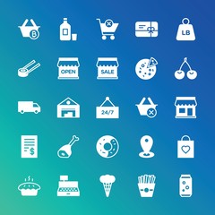 Modern Simple Set of food, drinks, shopping Vector fill Icons. ..Contains such Icons as  hot,  icon, beverage,  sweet,  warehouse, sweet and more on gradient background. Fully Editable. Pixel Perfect.