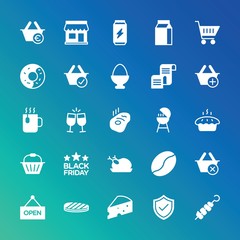 Modern Simple Set of food, drinks, shopping Vector fill Icons. ..Contains such Icons as  container,  white,  retail,  check,  open, milk and more on gradient background. Fully Editable. Pixel Perfect.