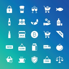 Modern Simple Set of food, drinks, shopping Vector fill Icons. ..Contains such Icons as  drink, food,  symbol,  check,  coffee,  red and more on gradient background. Fully Editable. Pixel Perfect.