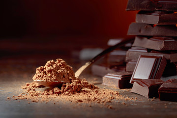 Broken  chocolate pieces and cocoa powder .