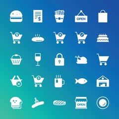 Modern Simple Set of food, drinks, shopping Vector fill Icons. ..Contains such Icons as bread,  pork, storage,  white,  industry, shop and more on gradient background. Fully Editable. Pixel Perfect.