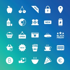Modern Simple Set of food, drinks, shopping Vector fill Icons. ..Contains such Icons as  message,  money,  fresh,  drink,  italian,  hot and more on gradient background. Fully Editable. Pixel Perfect.