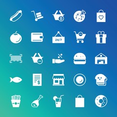 Modern Simple Set of food, drinks, shopping Vector fill Icons. ..Contains such Icons as  potato,  dessert,  glass, meat,  steak, bitcoin and more on gradient background. Fully Editable. Pixel Perfect.
