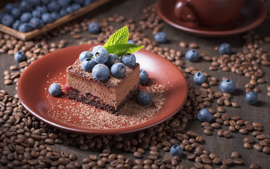 Chocolate cake with blueberries and mint .