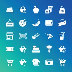 Modern Simple Set of food, drinks, shopping Vector fill Icons. ..Contains such Icons as  sale,  sign,  technology,  leaf,  apple,  loaf and more on gradient background. Fully Editable. Pixel Perfect.