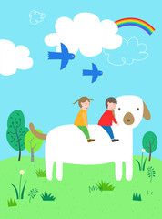 Obraz na płótnie Canvas Children are playing with big dog.