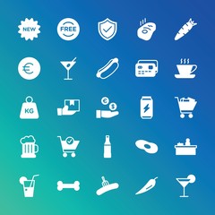 Modern Simple Set of food, drinks, shopping Vector fill Icons. ..Contains such Icons as  pork,  baggage,  free,  cold, summer,  sausage and more on gradient background. Fully Editable. Pixel Perfect.