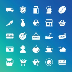 Modern Simple Set of food, drinks, shopping Vector fill Icons. ..Contains such Icons as  buy, plate, cart,  poultry,  roasted,  money and more on gradient background. Fully Editable. Pixel Perfect.