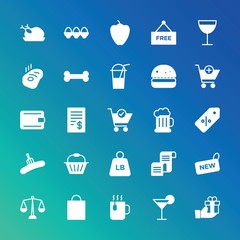 Modern Simple Set of food, drinks, shopping Vector fill Icons. ..Contains such Icons as  symbol,  roasted,  retail,  party,  badge, sale and more on gradient background. Fully Editable. Pixel Perfect.