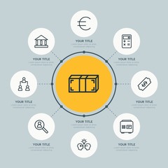 Circle network chart business, money, education infographic template with 8 options for presentations, advertising, annual reports.