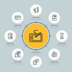 Circle network chart business, money, education infographic template with 8 options for presentations, advertising, annual reports.