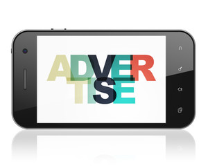 Advertising concept: Smartphone with Painted multicolor text Advertise on display, 3D rendering