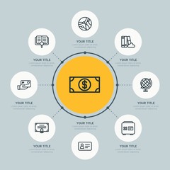 Circle network chart business, money, education infographic template with 8 options for presentations, advertising, annual reports.