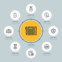 Circle network chart business, money, education infographic template with 8 options for presentations, advertising, annual reports.