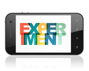 Science concept: Smartphone with Painted multicolor text Experiment on display, 3D rendering