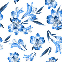 Seamless pattern of Alstroemeria painted in watercolor.