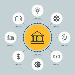 Circle network chart business, money, education infographic template with 8 options for presentations, advertising, annual reports.