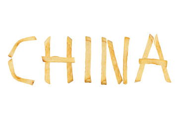 Word CHINA laid out of long sticks of fried french fries isolated on white background