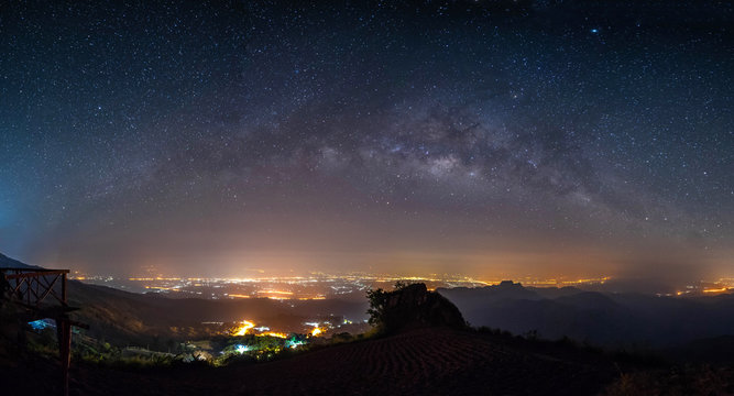 panorama night landscape mountain and milky way  galaxy background , panoramic thailand  , long exposure , low light