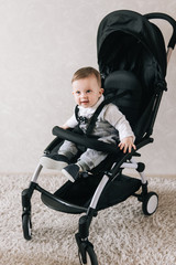 Little smiled boy sits in the baby buggy on the light background
