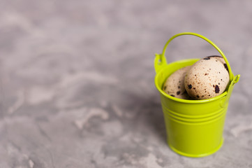 One green metal bucket with handle full of spotted fresh quail eggs on old broken worn gray cement...