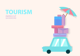 Naklejka premium Road trip. Car with a lot of baggage in paper cut style in pastel colour. Travel. Vector illustration design.
